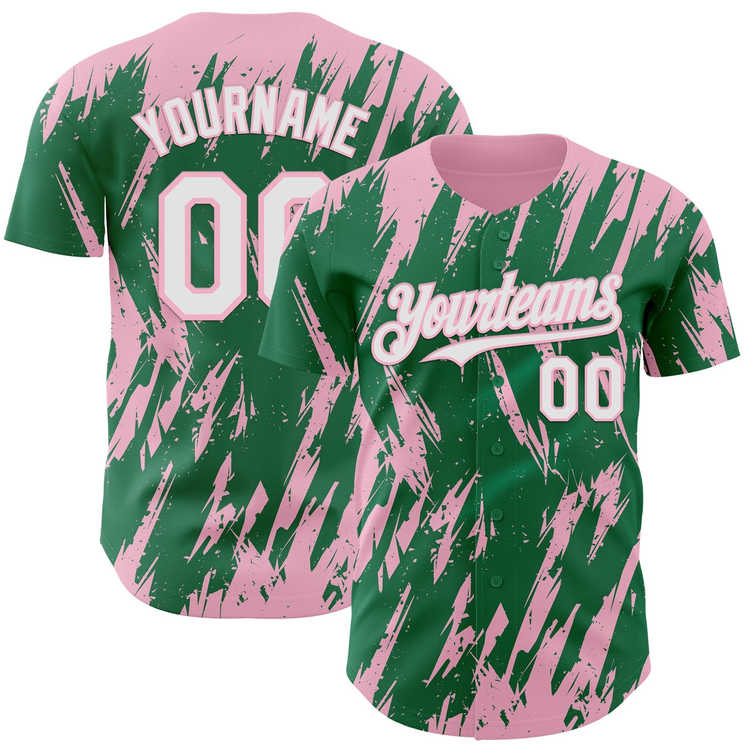 Custom Kelly Green White-Light Pink Splatter Torn Sharp Brush Stroke Authentic Baseball Jersey - Main View
