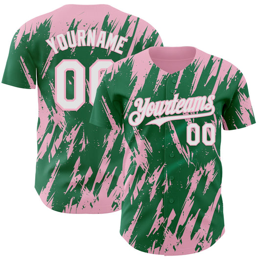 Custom Kelly Green White-Light Pink Splatter Torn Sharp Brush Stroke Authentic Baseball Jersey - Main View