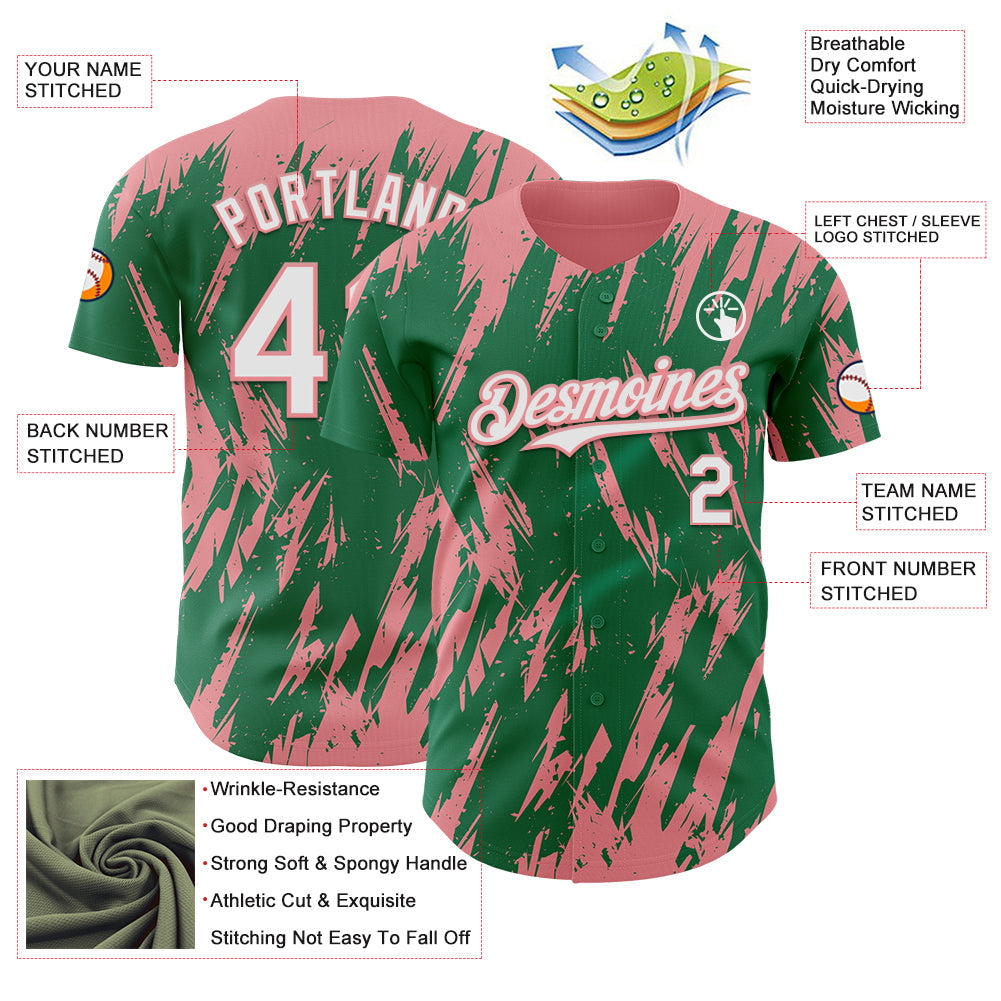 Custom Kelly Green White-Medium Pink Splatter Torn Sharp Brush Stroke Authentic Baseball Jersey view 3