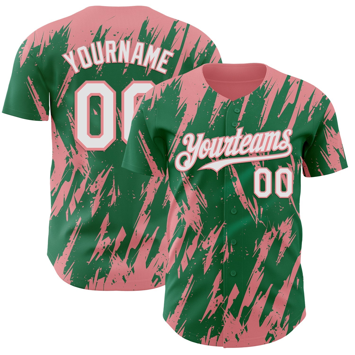 Custom Kelly Green White-Medium Pink Splatter Torn Sharp Brush Stroke Authentic Baseball Jersey - Main View