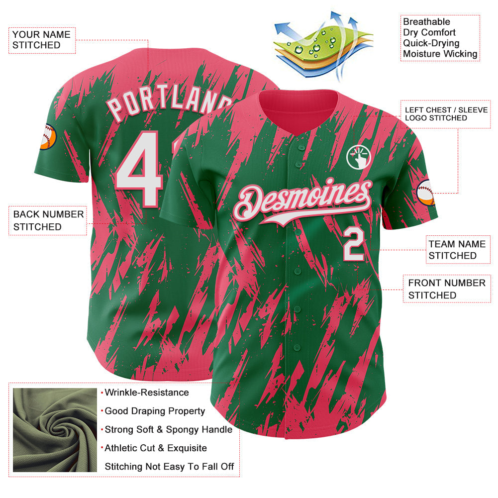 Custom Kelly Green White-Neon Pink Splatter Torn Sharp Brush Stroke Authentic Baseball Jersey view 3