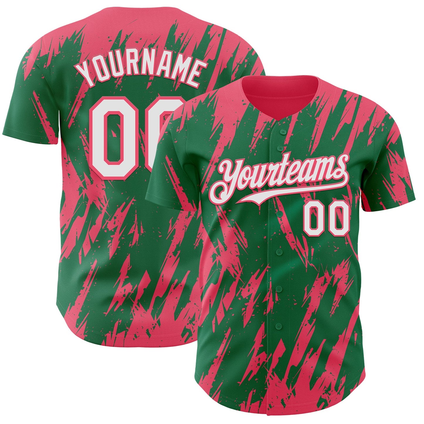 Custom Kelly Green White-Neon Pink Splatter Torn Sharp Brush Stroke Authentic Baseball Jersey - Main View