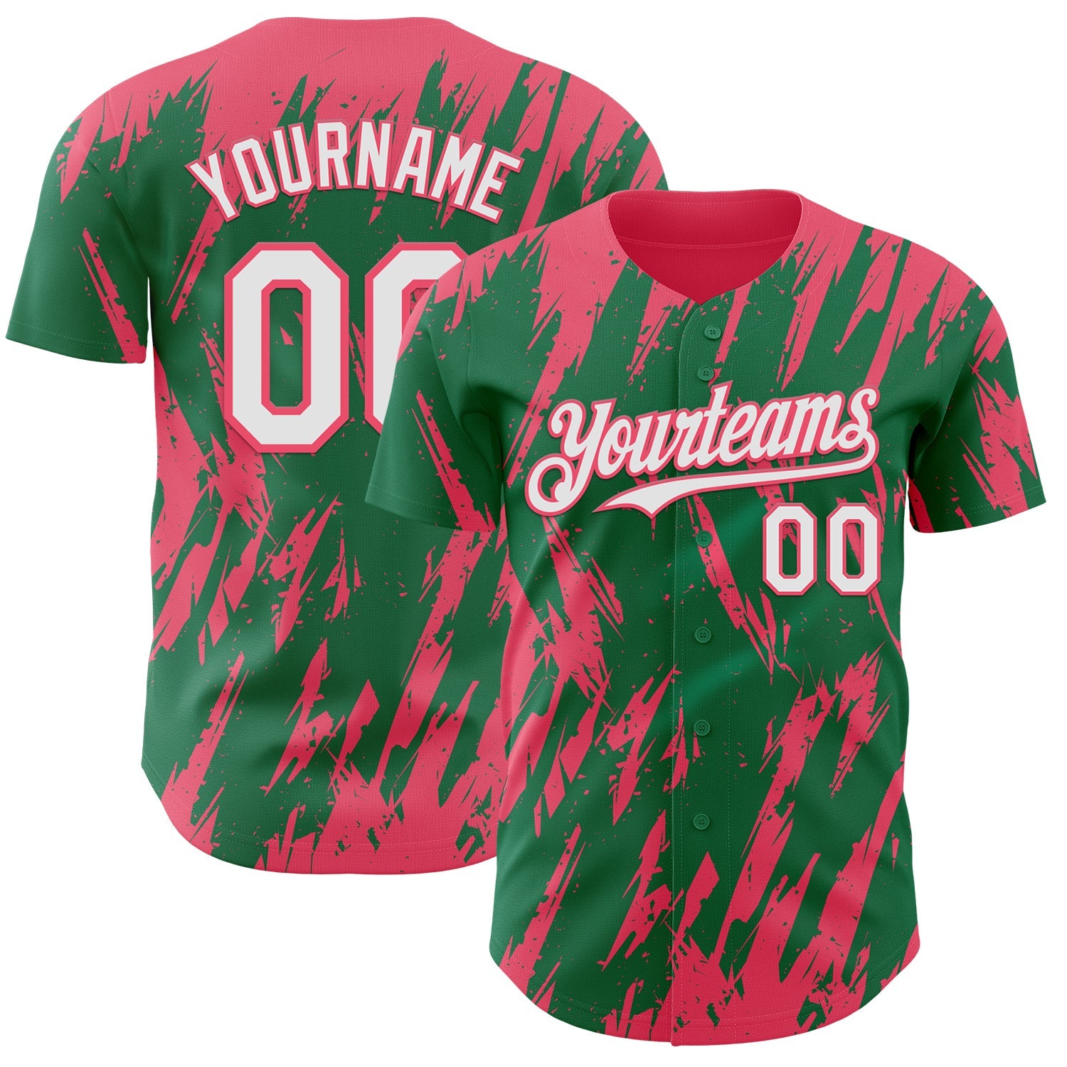 Custom Kelly Green White-Neon Pink Splatter Torn Sharp Brush Stroke Authentic Baseball Jersey - Main View