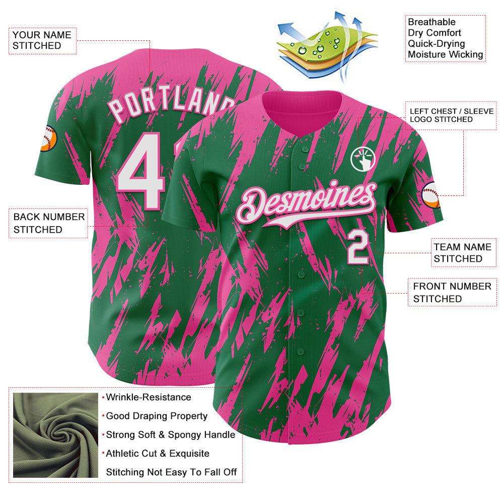 Custom Kelly Green White-Pink Splatter Torn Sharp Brush Stroke Authentic Baseball Jersey view 3
