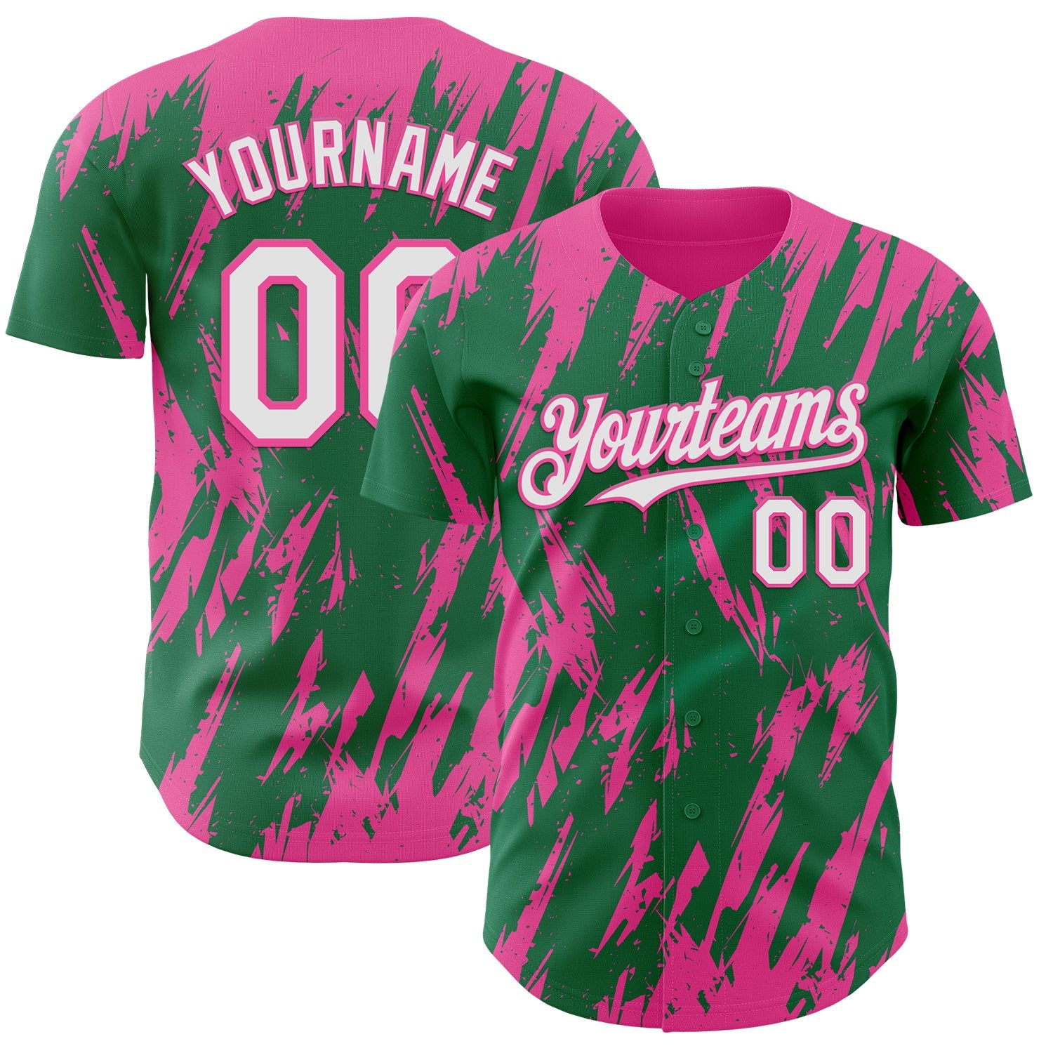 Custom Kelly Green White-Pink Splatter Torn Sharp Brush Stroke Authentic Baseball Jersey - Main View