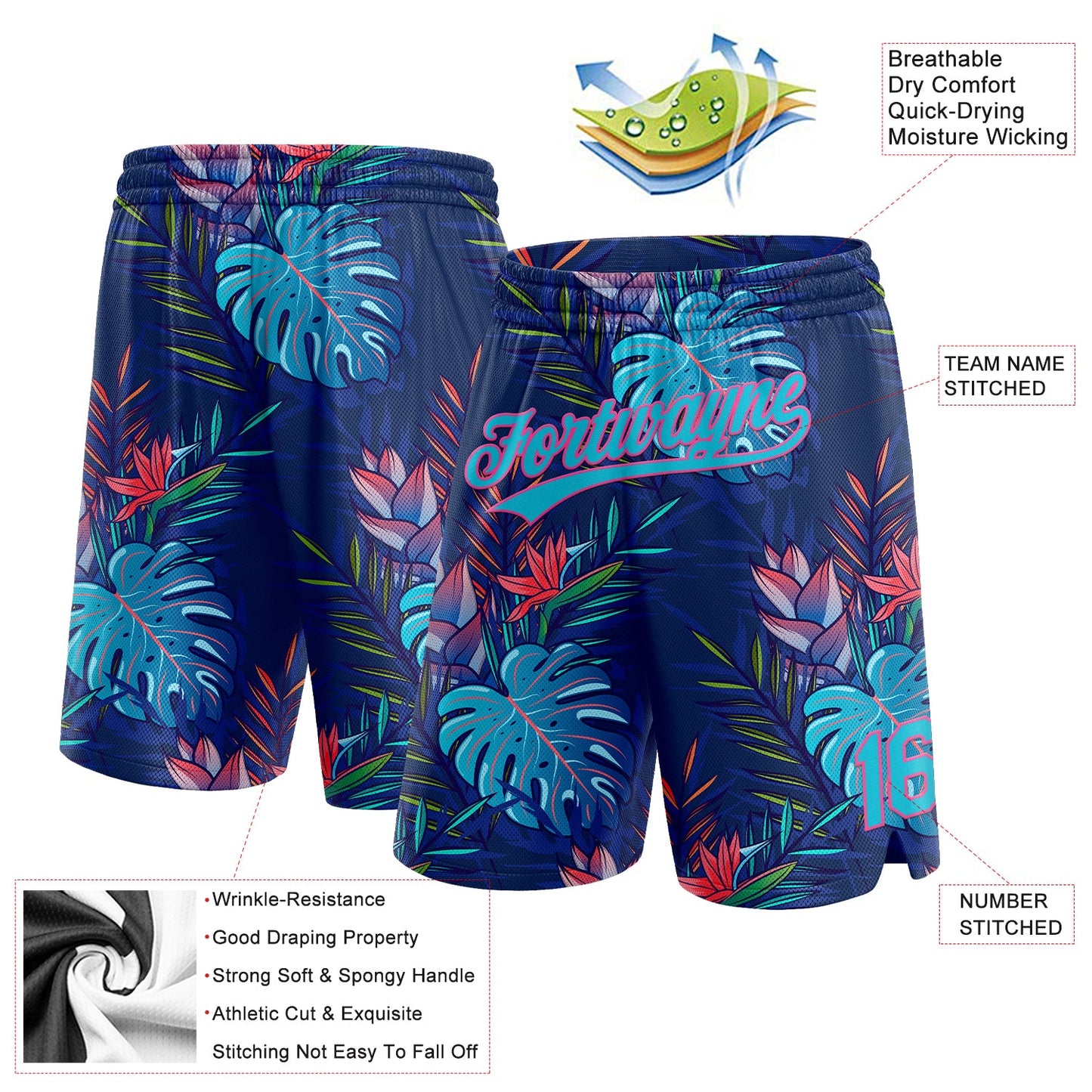 Custom Navy Lakes Blue-Pink 3D Pattern Hawaii Palm Leaves Authentic Basketball Shorts view 2