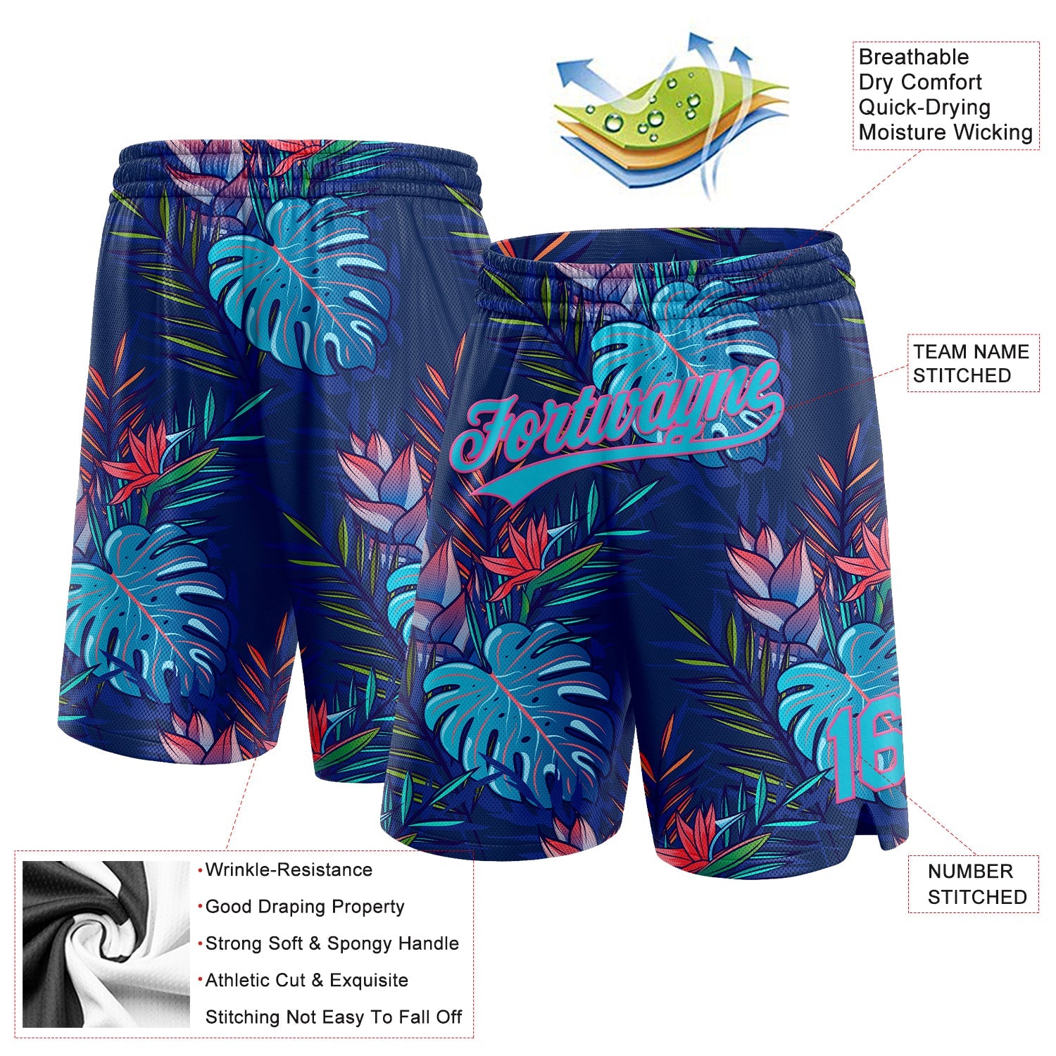 Custom Navy Lakes Blue-Pink 3D Pattern Hawaii Palm Leaves Authentic Basketball Shorts view 2