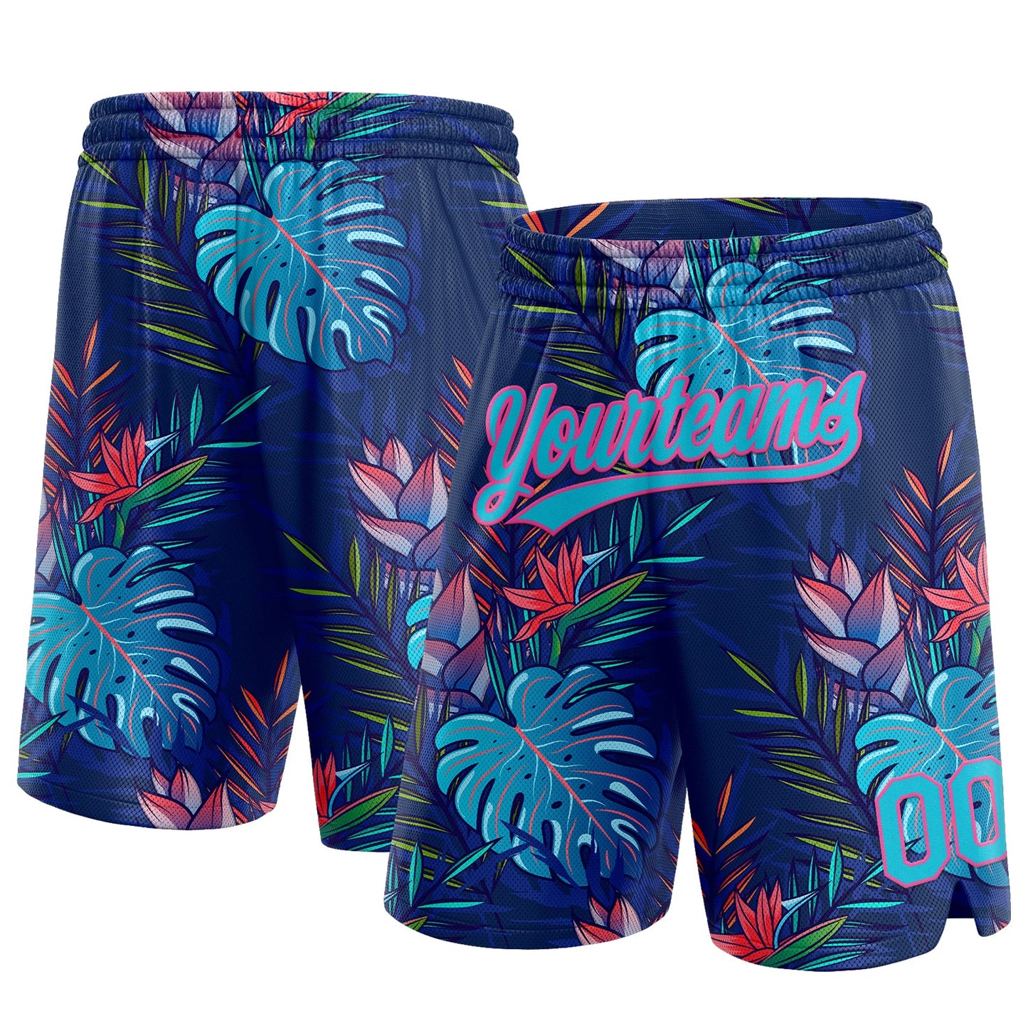 Custom Navy Lakes Blue-Pink 3D Pattern Hawaii Palm Leaves Authentic Basketball Shorts - Main View