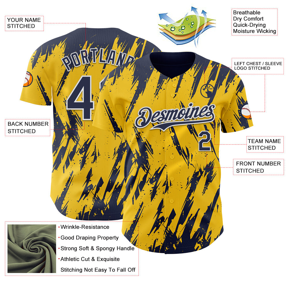 Custom Yellow Navy-White Splatter Torn Sharp Brush Stroke Authentic Baseball Jersey view 3