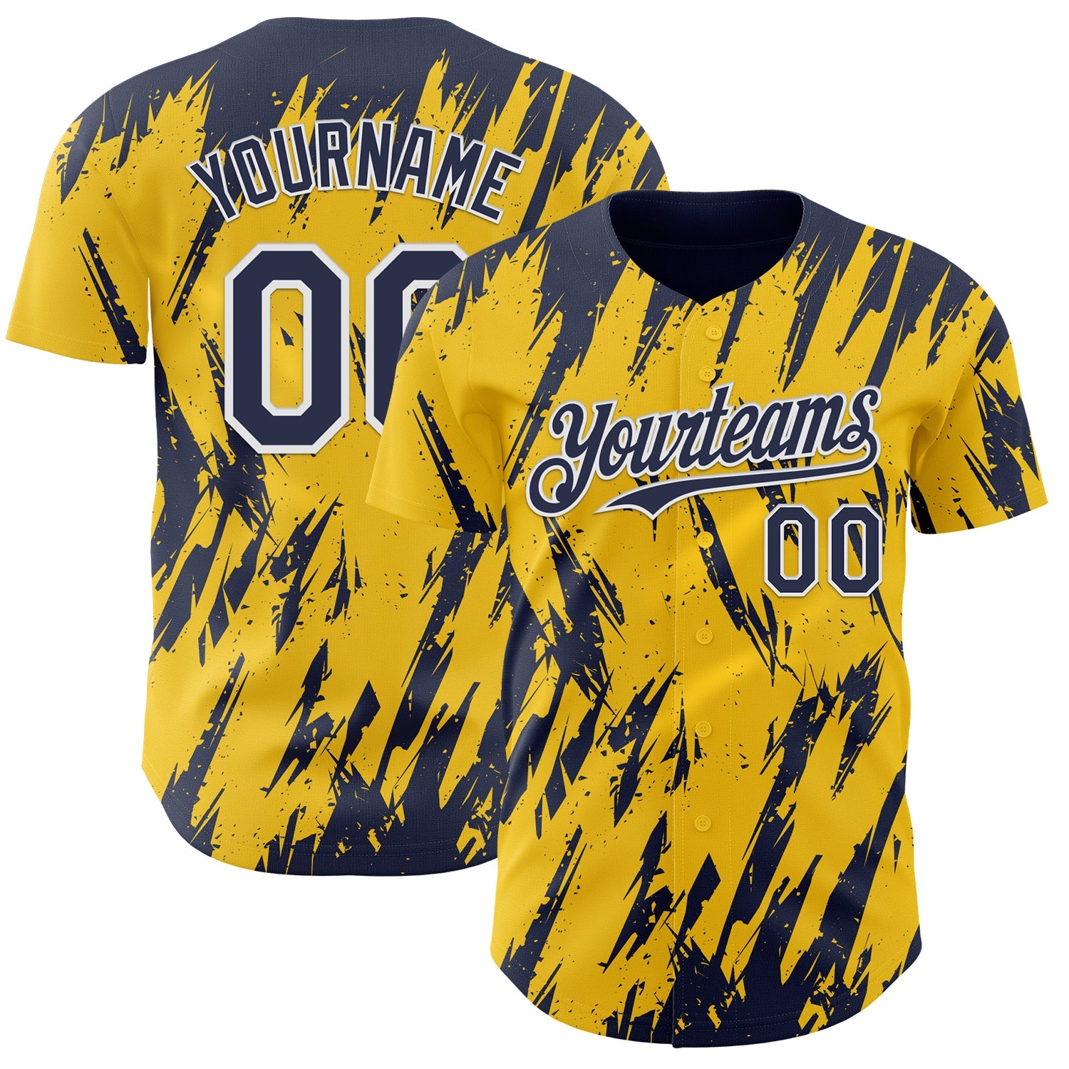 Custom Yellow Navy-White Splatter Torn Sharp Brush Stroke Authentic Baseball Jersey - Main View