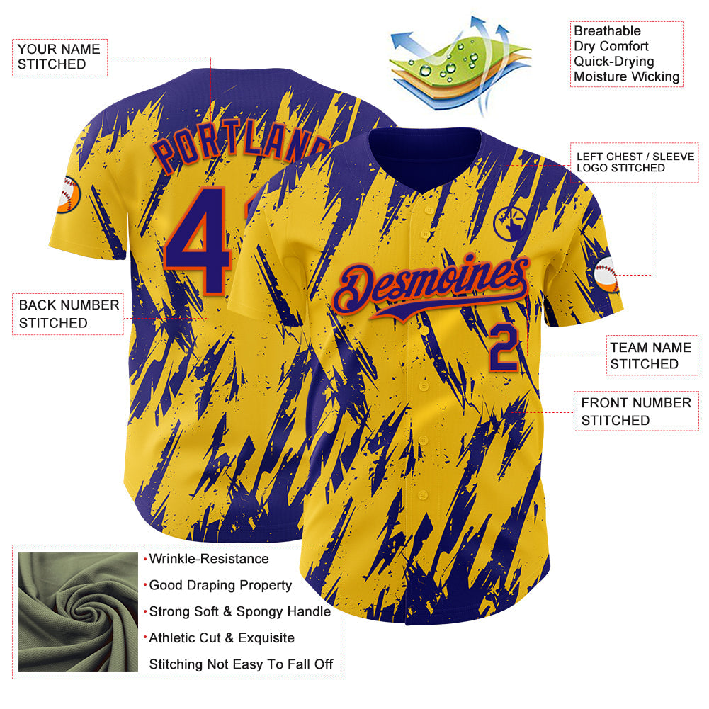 Custom Yellow Dark Purple-Orange Splatter Torn Sharp Brush Stroke Authentic Baseball Jersey view 3