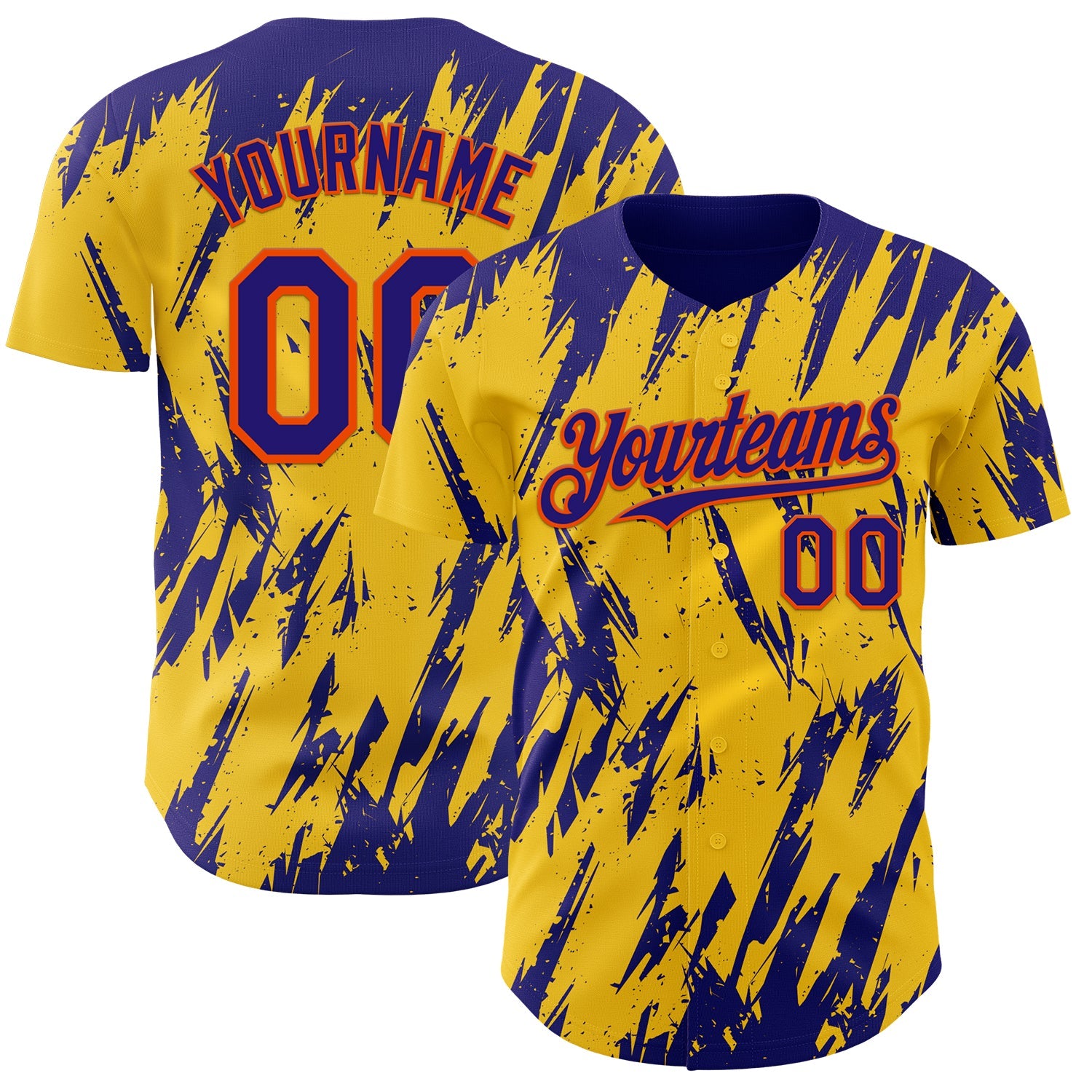 Custom Yellow Dark Purple-Orange Splatter Torn Sharp Brush Stroke Authentic Baseball Jersey - Main View