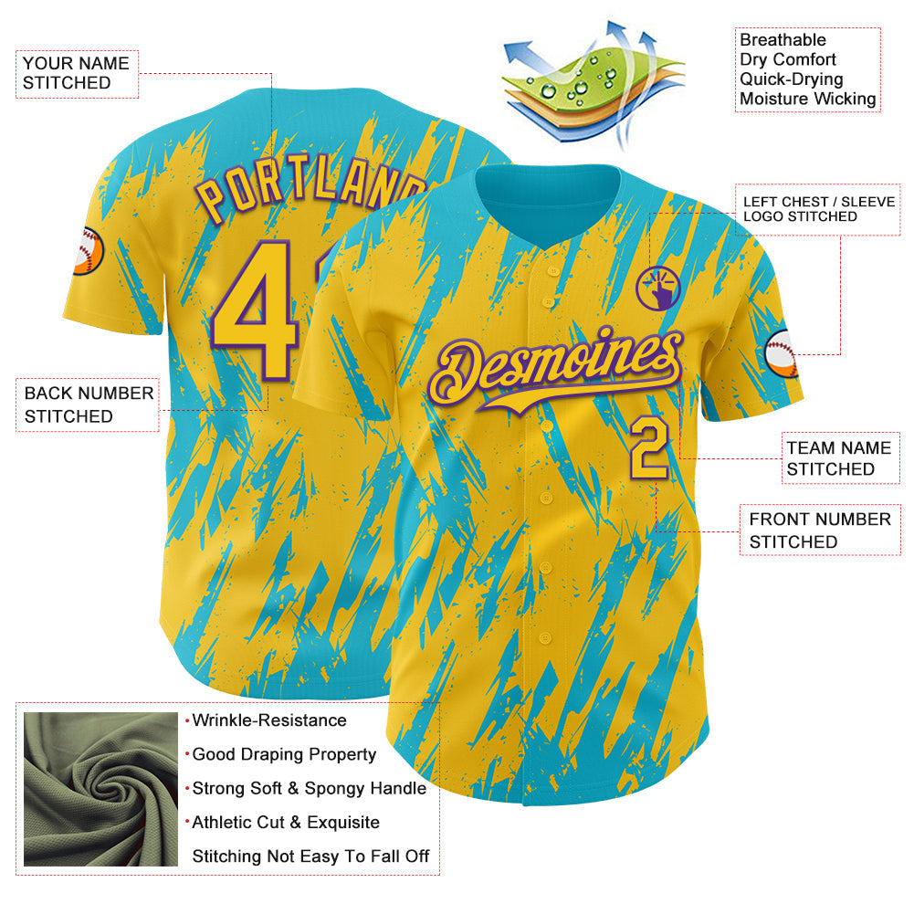 Custom Yellow Purple-Lakes Blue Splatter Torn Sharp Brush Stroke Authentic Baseball Jersey view 3