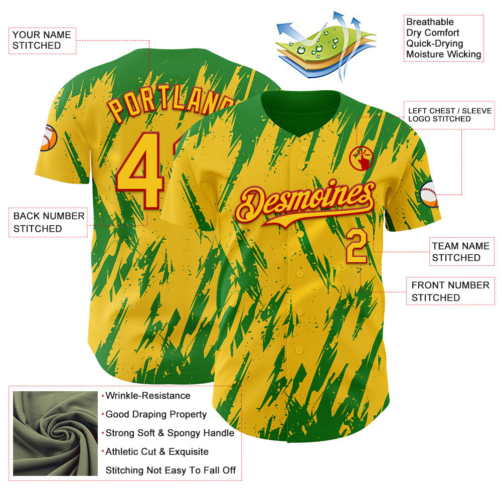 Custom Yellow Red-Grass Green Splatter Torn Sharp Brush Stroke Authentic Baseball Jersey view 3