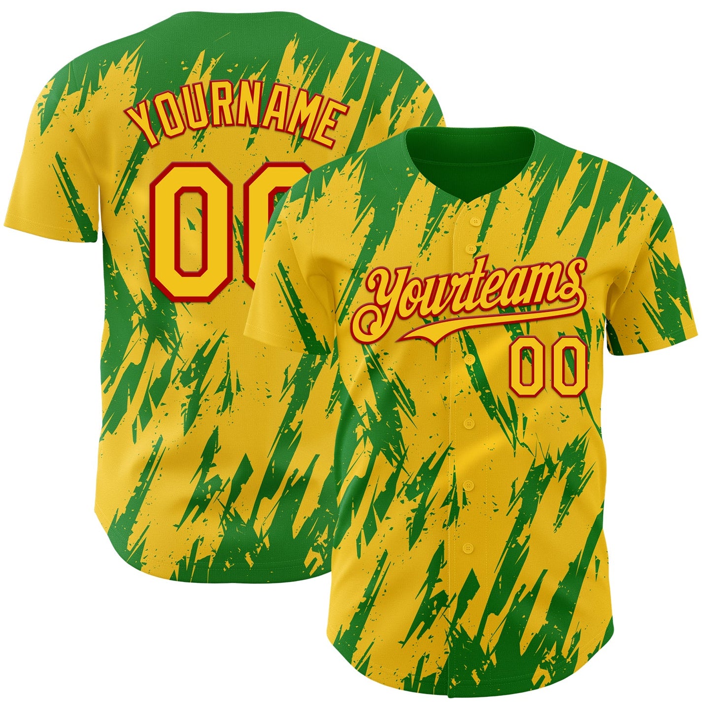 Custom Yellow Red-Grass Green Splatter Torn Sharp Brush Stroke Authentic Baseball Jersey - Main View