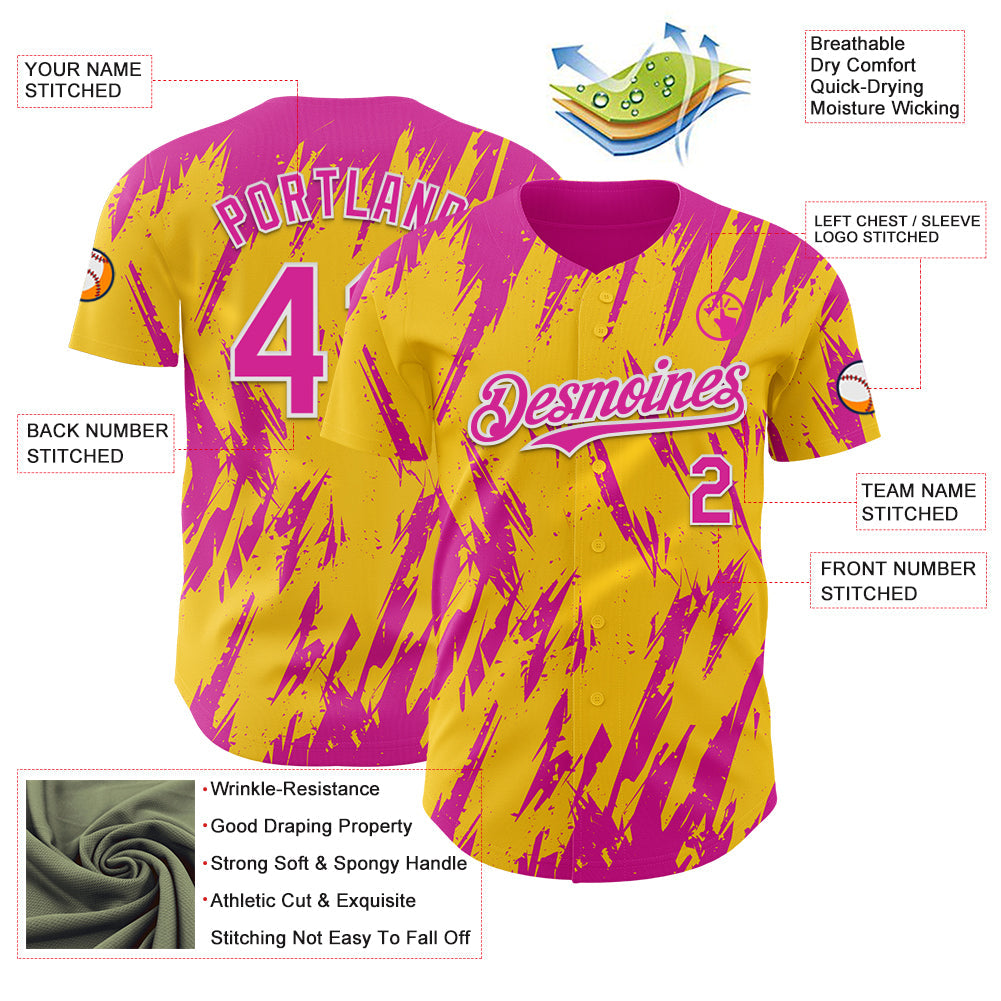 Custom Yellow Deep Pink-White Splatter Torn Sharp Brush Stroke Authentic Baseball Jersey view 3