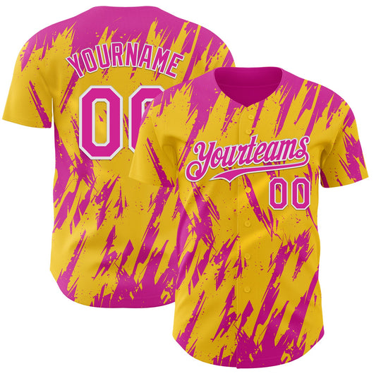 Custom Yellow Deep Pink-White Splatter Torn Sharp Brush Stroke Authentic Baseball Jersey - Main View
