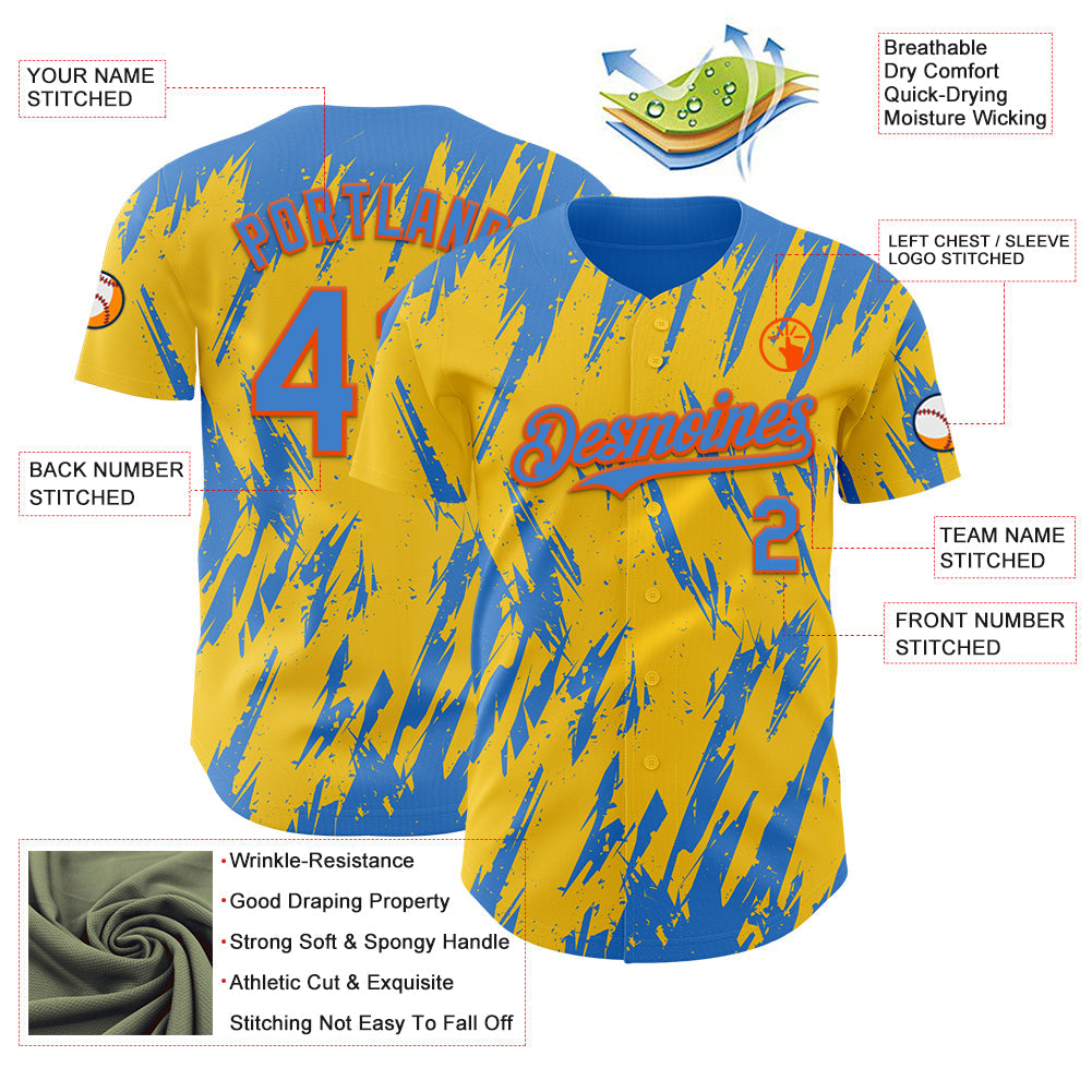 Custom Yellow Powder Blue-Orange Splatter Torn Sharp Brush Stroke Authentic Baseball Jersey view 3