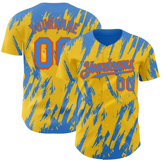 Custom Yellow Powder Blue-Orange Splatter Torn Sharp Brush Stroke Authentic Baseball Jersey - Main View