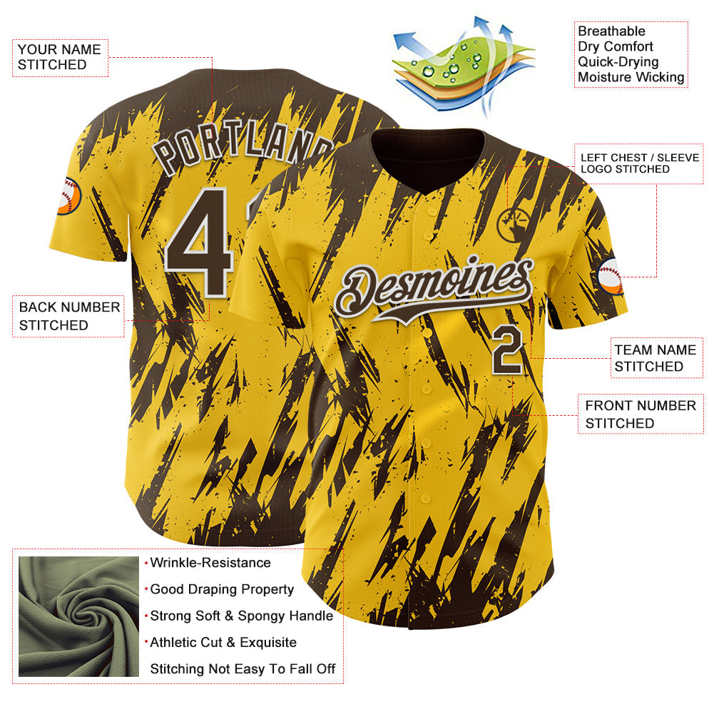 Custom Yellow Brown-White Splatter Torn Sharp Brush Stroke Authentic Baseball Jersey view 3