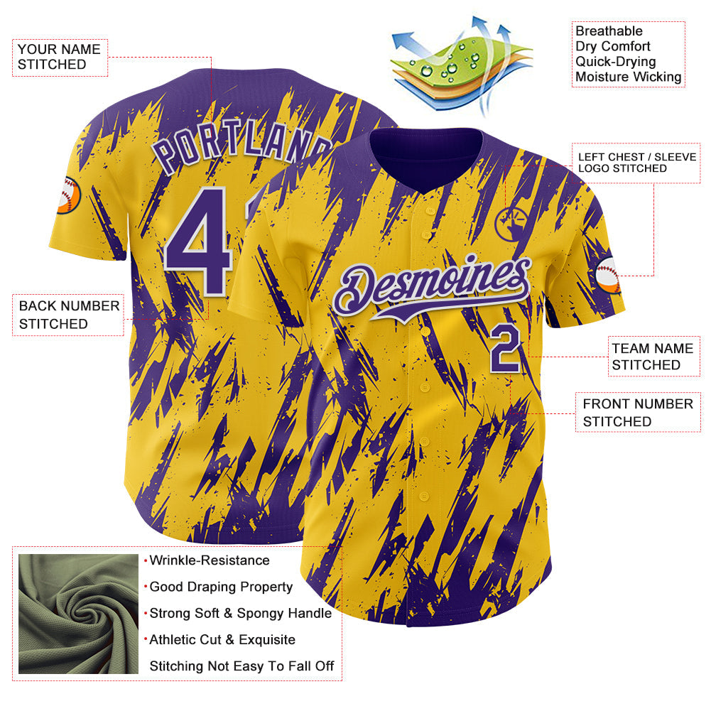 Custom Yellow Purple-White Splatter Torn Sharp Brush Stroke Authentic Baseball Jersey view 3