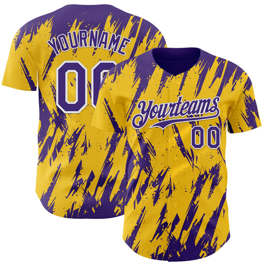 Custom Yellow Purple-White Splatter Torn Sharp Brush Stroke Authentic Baseball Jersey - Main View