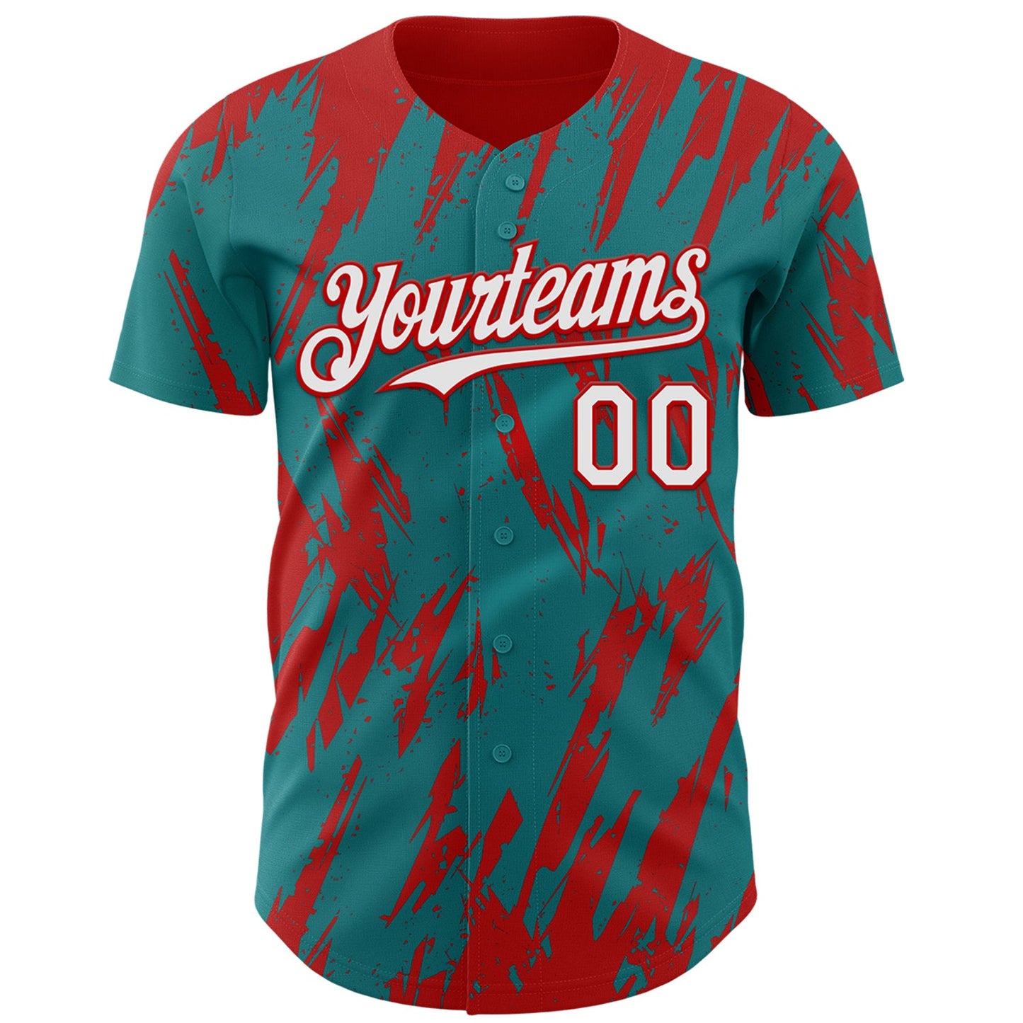 Custom Teal White-Red Splatter Torn Sharp Brush Stroke Authentic Baseball Jersey view 2