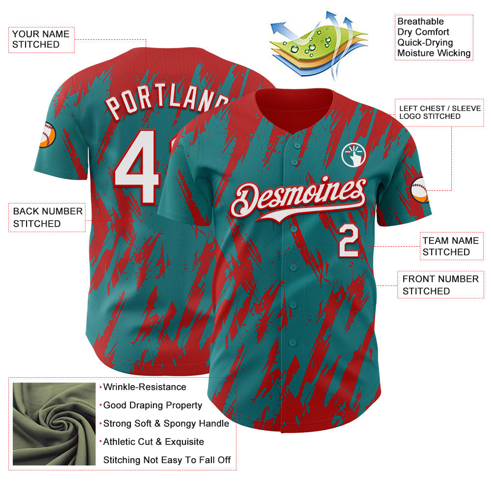 Custom Teal White-Red Splatter Torn Sharp Brush Stroke Authentic Baseball Jersey view 3