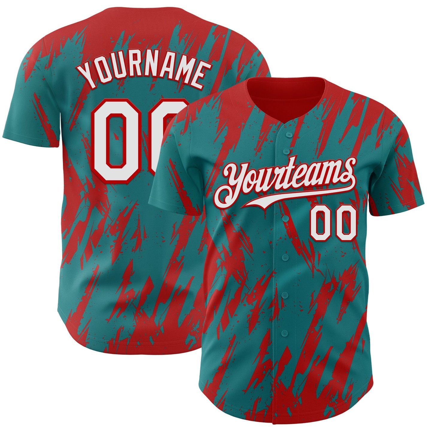 Custom Teal White-Red Splatter Torn Sharp Brush Stroke Authentic Baseball Jersey - Main View