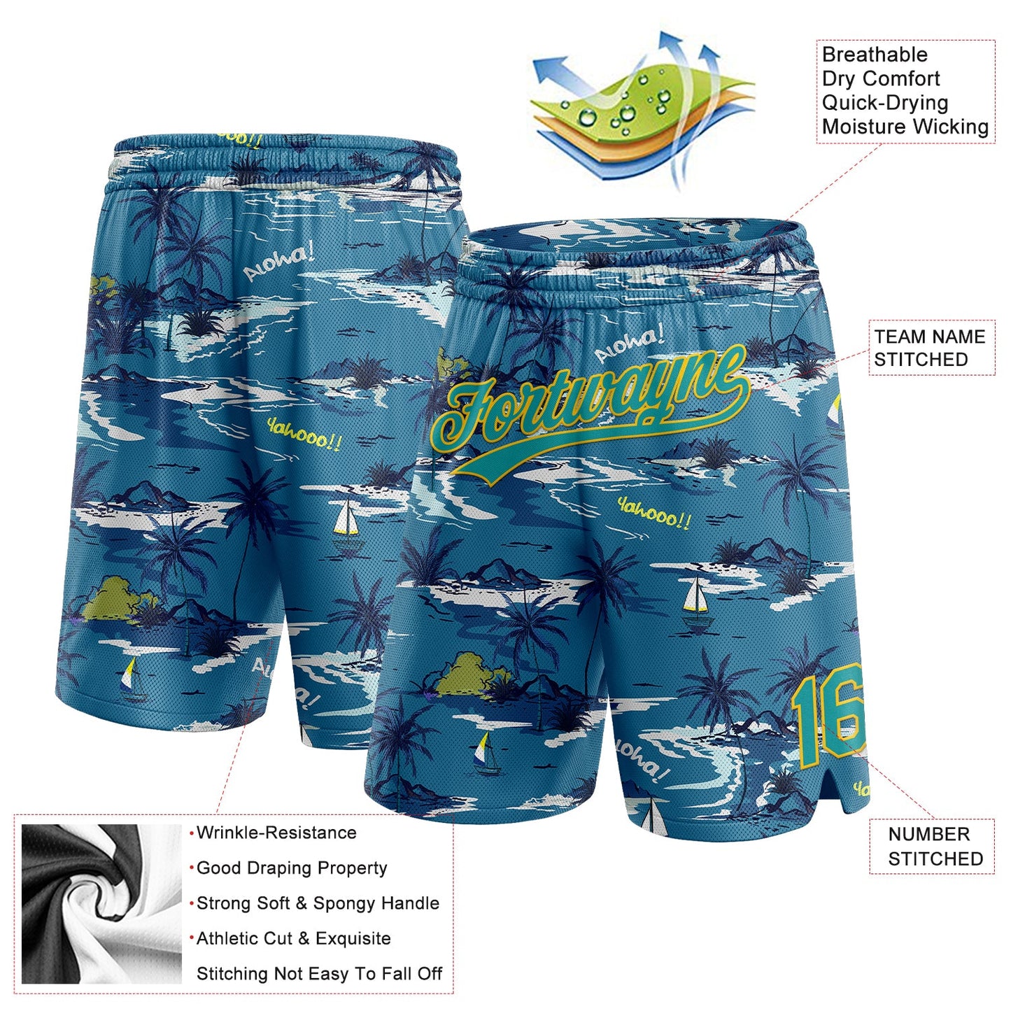 Custom Navy Teal-Yellow 3D Pattern Hawaii Palm Trees And Island Authentic Basketball Shorts view 2