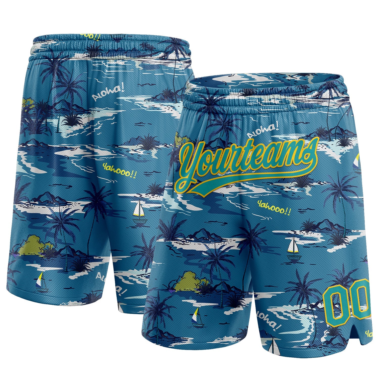 Custom Navy Teal-Yellow 3D Pattern Hawaii Palm Trees And Island Authentic Basketball Shorts - Main View