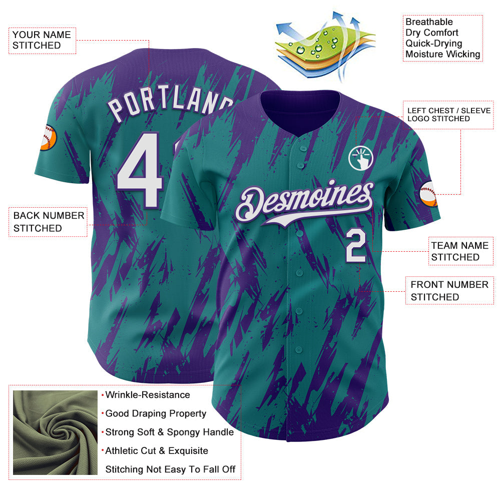 Custom Teal White-Purple Splatter Torn Sharp Brush Stroke Authentic Baseball Jersey view 3
