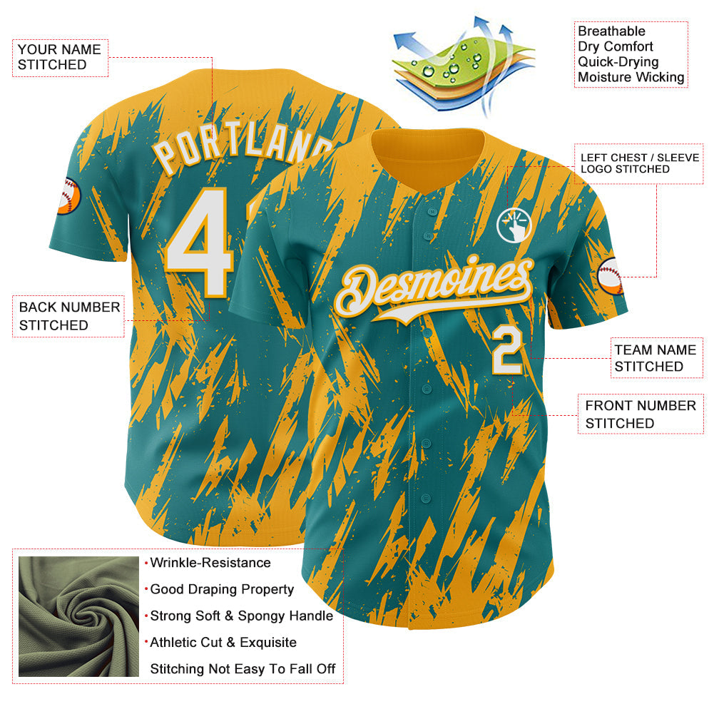Custom Teal White-Gold Splatter Torn Sharp Brush Stroke Authentic Baseball Jersey view 3