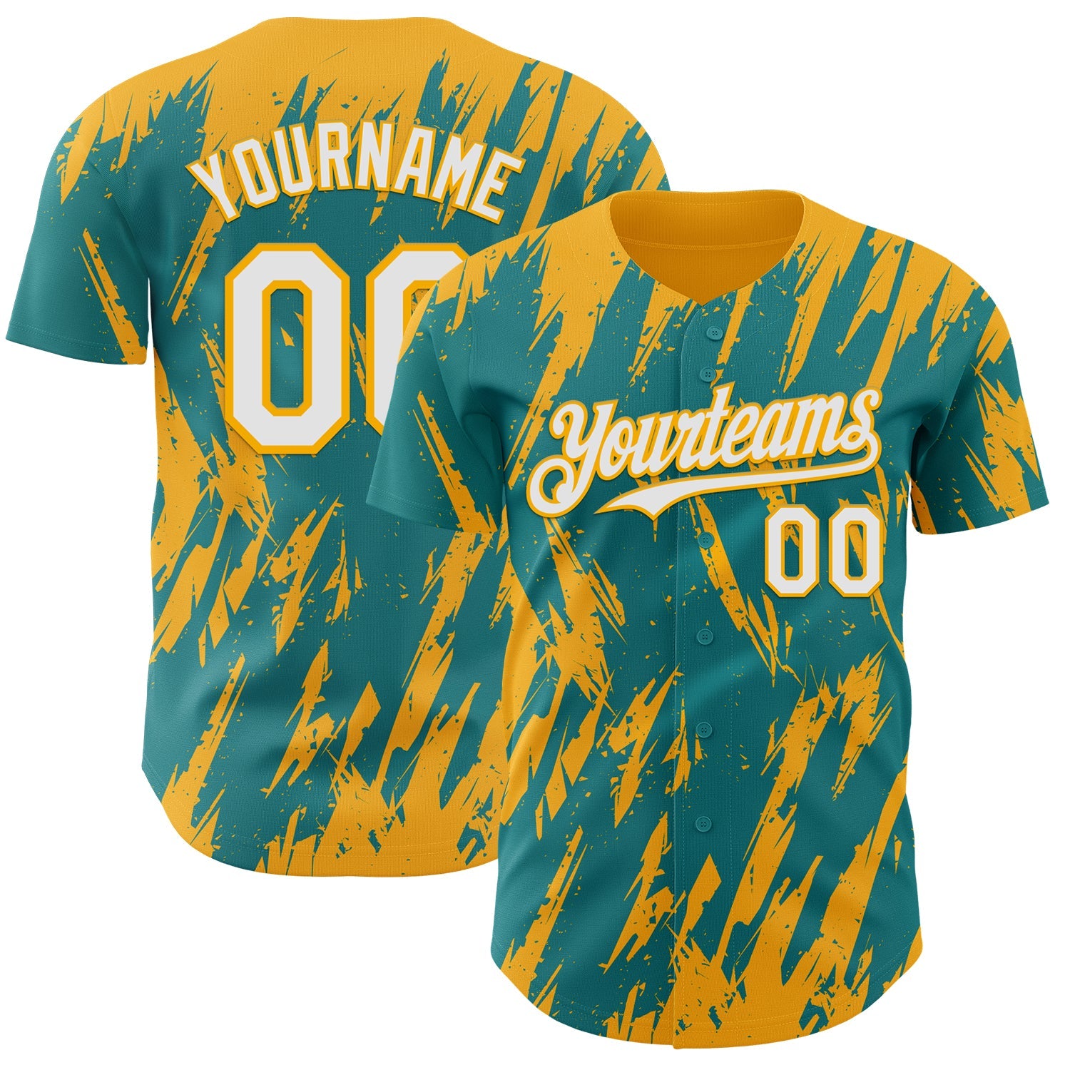 Custom Teal White-Gold Splatter Torn Sharp Brush Stroke Authentic Baseball Jersey - Main View