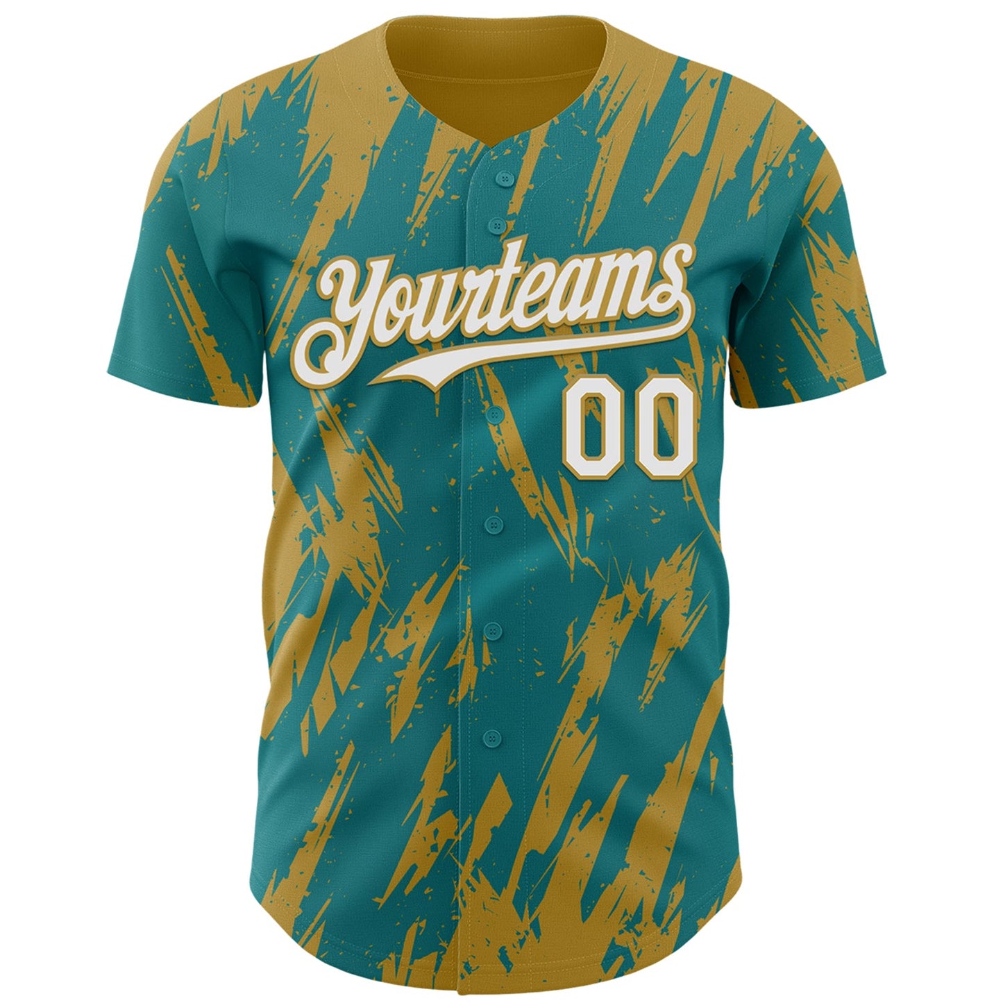 Custom Teal White-Old Gold Splatter Torn Sharp Brush Stroke Authentic Baseball Jersey view 2