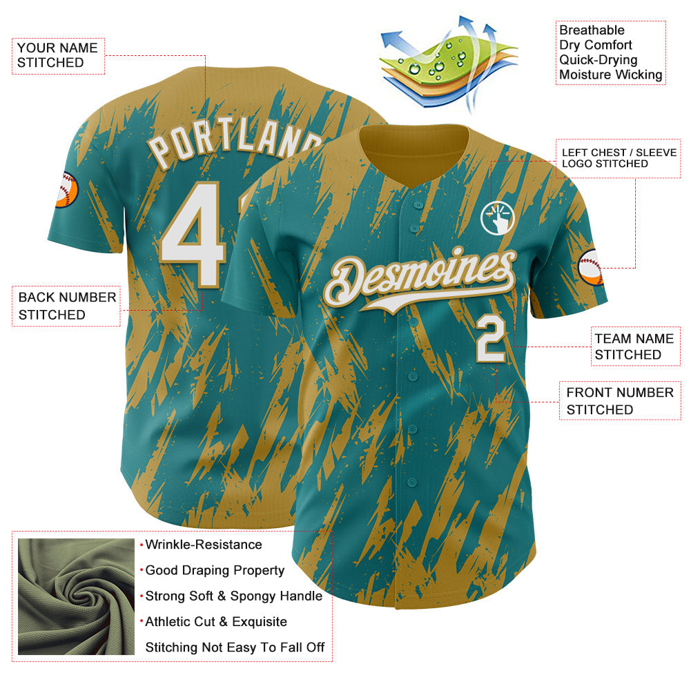 Custom Teal White-Old Gold Splatter Torn Sharp Brush Stroke Authentic Baseball Jersey view 3