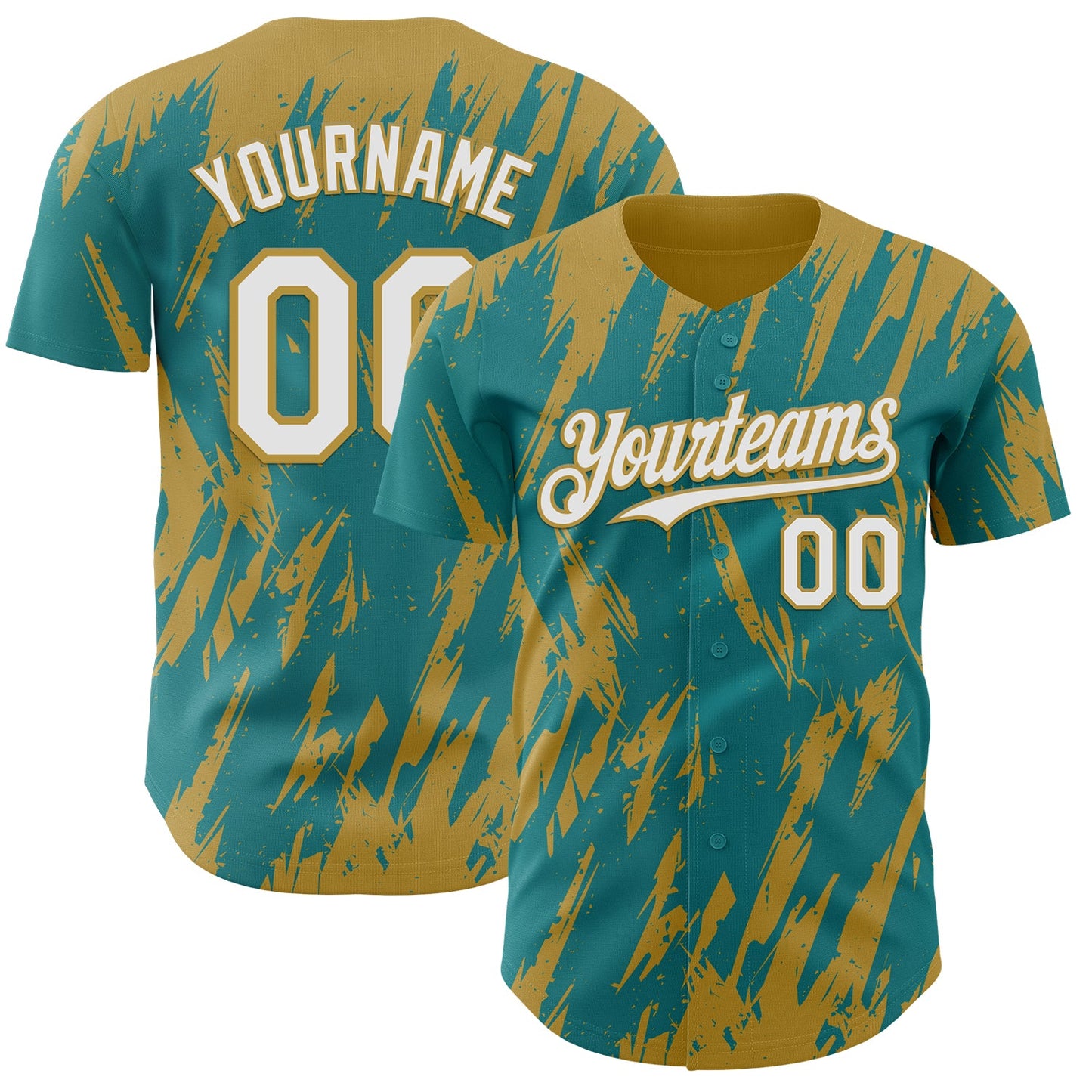 Custom Teal White-Old Gold Splatter Torn Sharp Brush Stroke Authentic Baseball Jersey - Main View