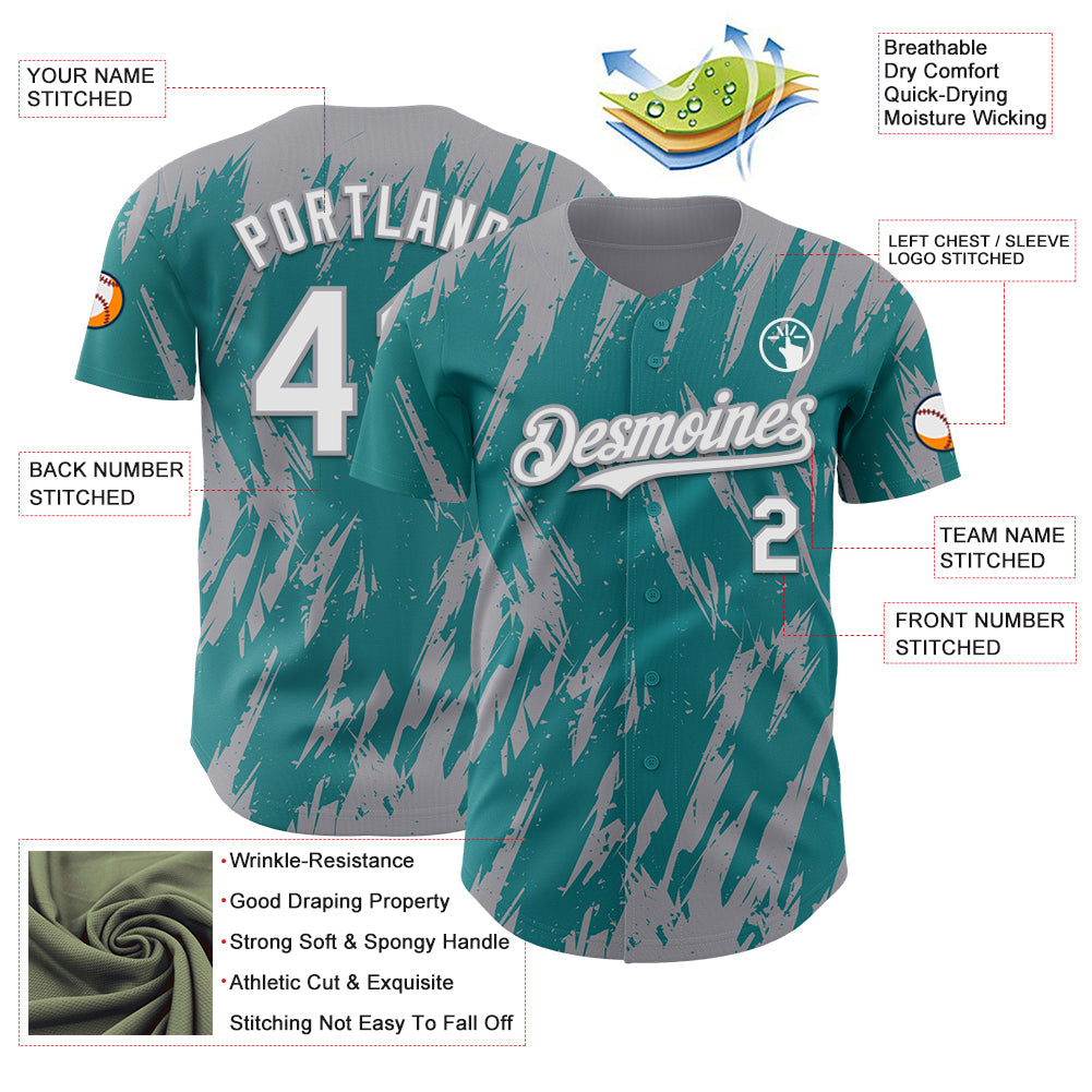 Custom Teal White-Gray Splatter Torn Sharp Brush Stroke Authentic Baseball Jersey view 3