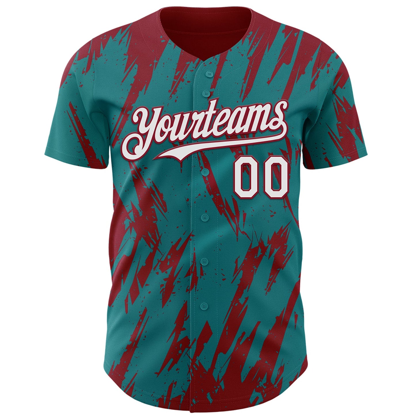 Custom Teal White-Crimson Splatter Torn Sharp Brush Stroke Authentic Baseball Jersey view 2