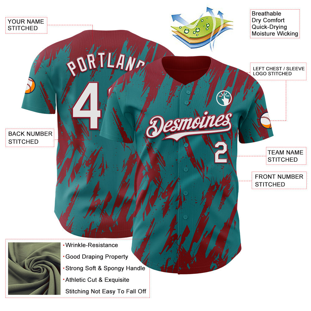Custom Teal White-Crimson Splatter Torn Sharp Brush Stroke Authentic Baseball Jersey view 3
