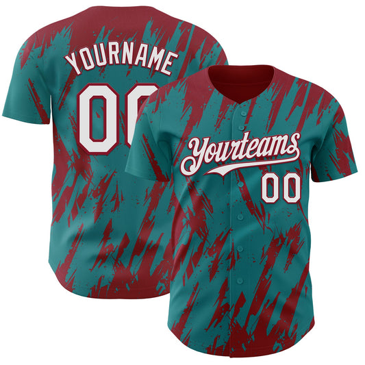 Custom Teal White-Crimson Splatter Torn Sharp Brush Stroke Authentic Baseball Jersey - Main View