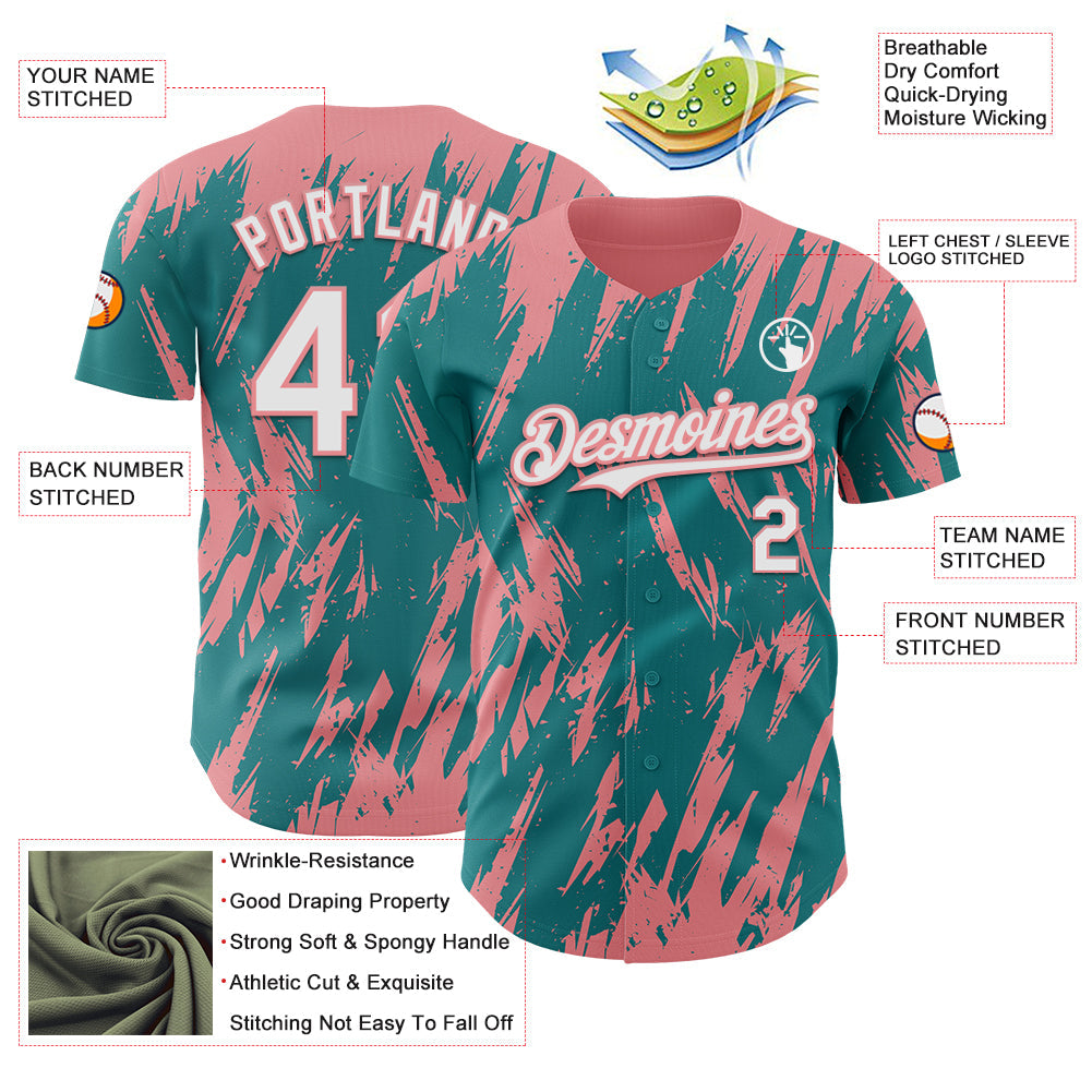Custom Teal White-Medium Pink Splatter Torn Sharp Brush Stroke Authentic Baseball Jersey view 3