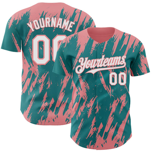 Custom Teal White-Medium Pink Splatter Torn Sharp Brush Stroke Authentic Baseball Jersey - Main View
