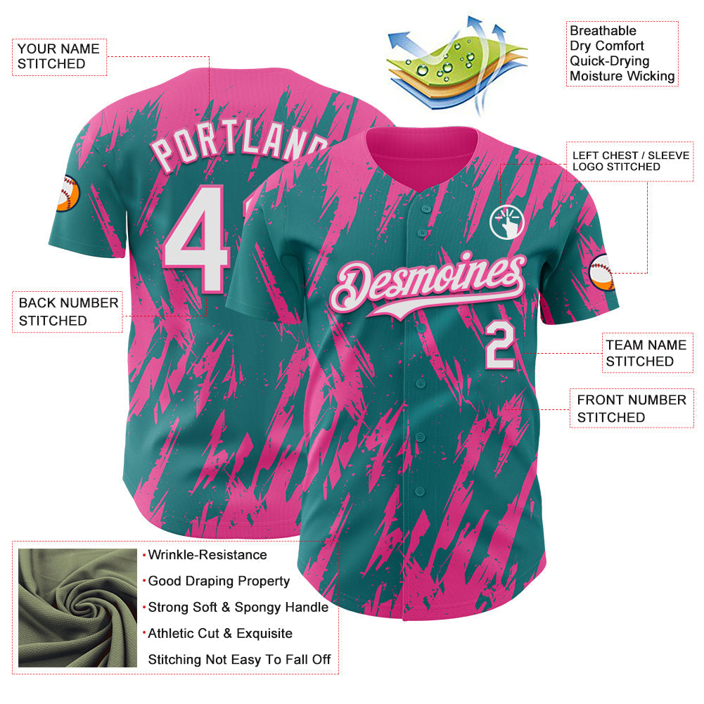 Custom Teal White-Pink Splatter Torn Sharp Brush Stroke Authentic Baseball Jersey view 3