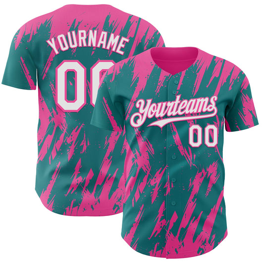 Custom Teal White-Pink Splatter Torn Sharp Brush Stroke Authentic Baseball Jersey - Main View