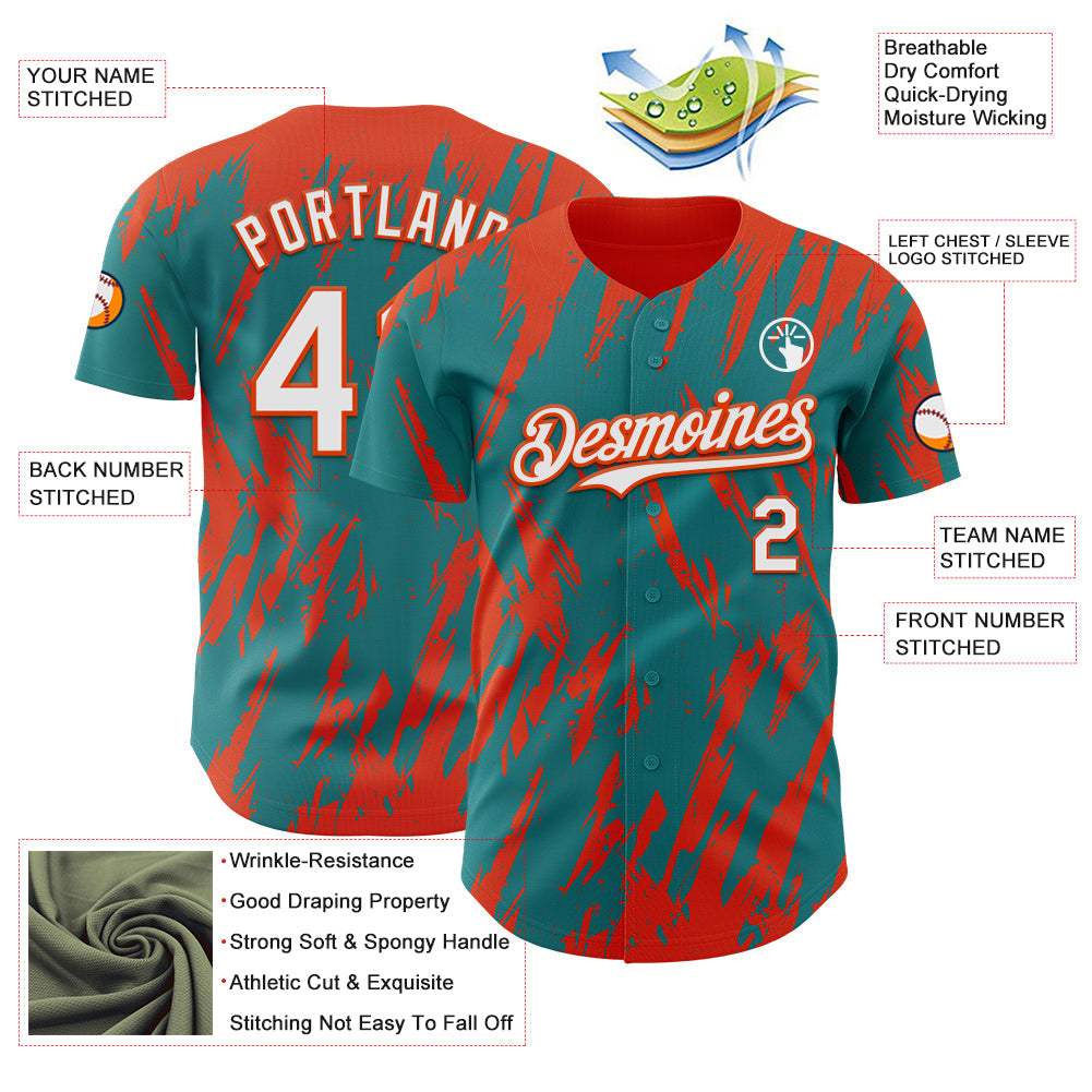 Custom Teal White-Orange Splatter Torn Sharp Brush Stroke Authentic Baseball Jersey view 3