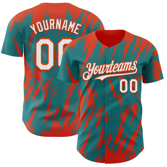 Custom Teal White-Orange Splatter Torn Sharp Brush Stroke Authentic Baseball Jersey - Main View