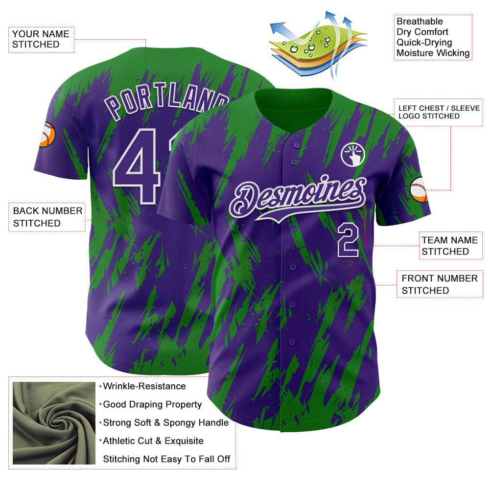 Custom Purple White-Grass Green Splatter Torn Sharp Brush Stroke Authentic Baseball Jersey view 3