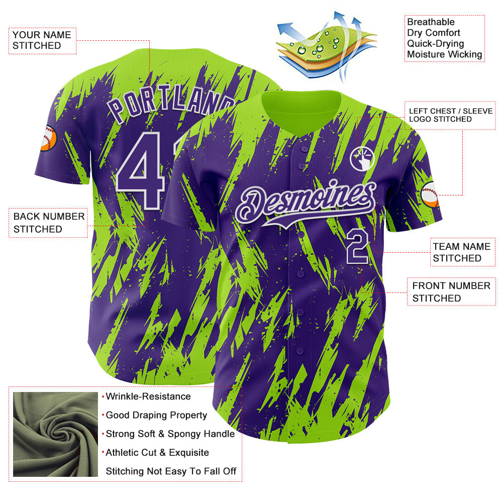 Custom Purple White-Neon Green Splatter Torn Sharp Brush Stroke Authentic Baseball Jersey view 3