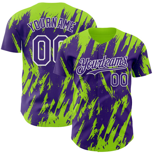 Custom Purple White-Neon Green Splatter Torn Sharp Brush Stroke Authentic Baseball Jersey - Main View